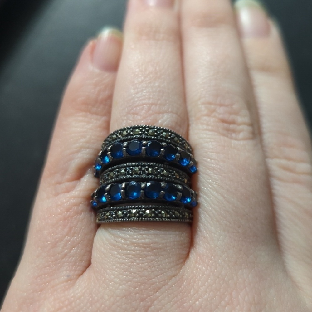 Sterling Silver Marcasite and Blue Rhinestone Cocktail Statement Ring - size 6.5